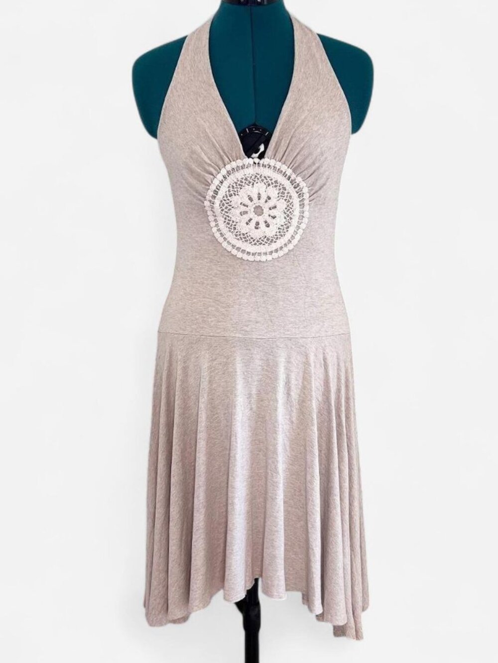 Beige Halter Dress with Crochet Detail